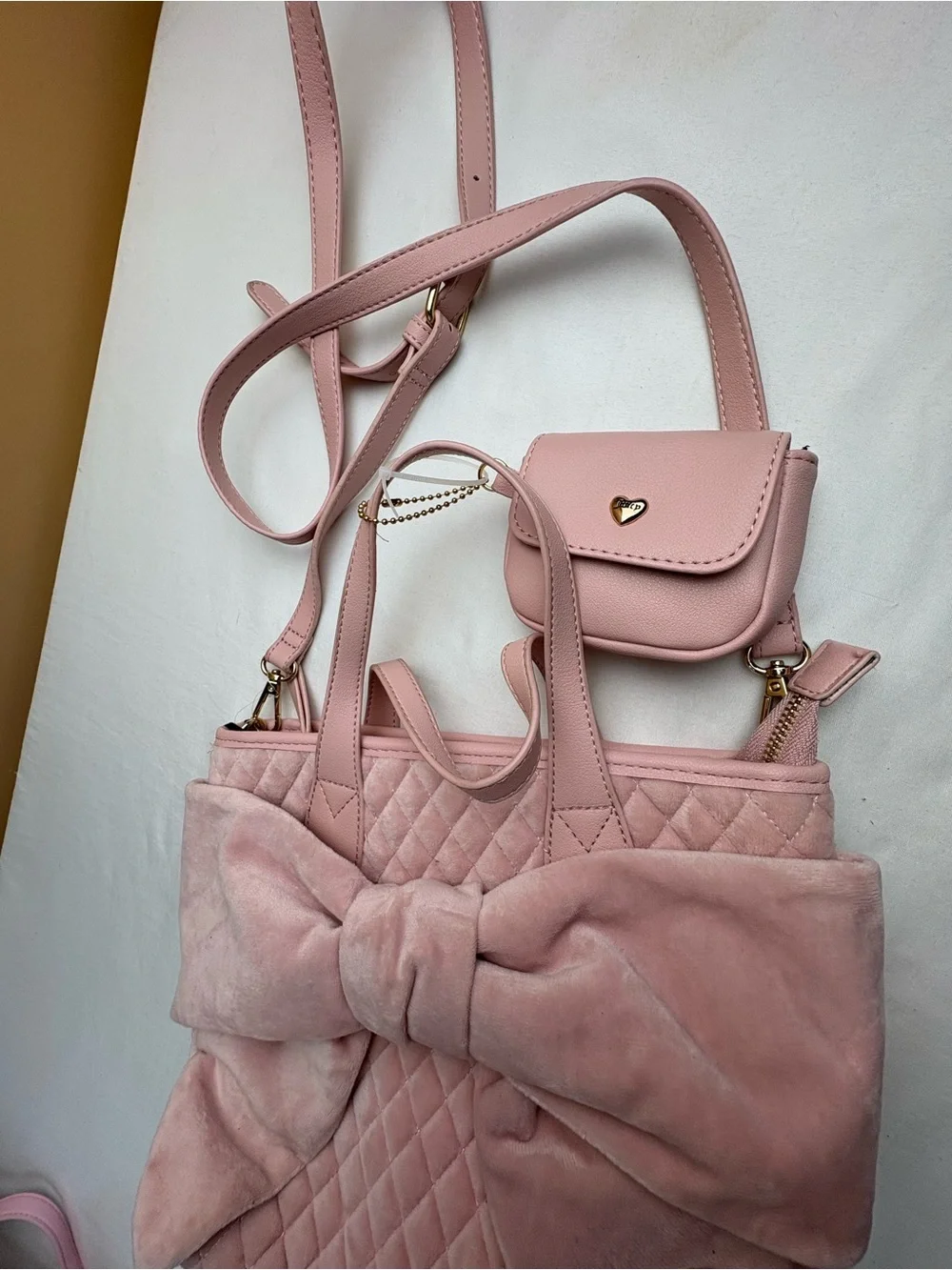 Juicy Couture Blush Pink Quilted Tote with Bow and Gold Heart Logo
